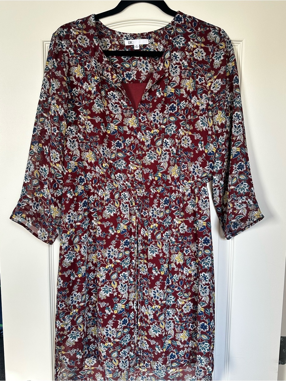 DR2 Burgundy Floral V-Neck Tie-Waist Tunic